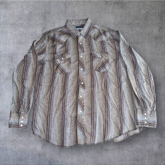 Wrangler Men’s Size XL Brown Striped Pearl Snap Western Button Up Flannel Shirt - Picture 1 of 5